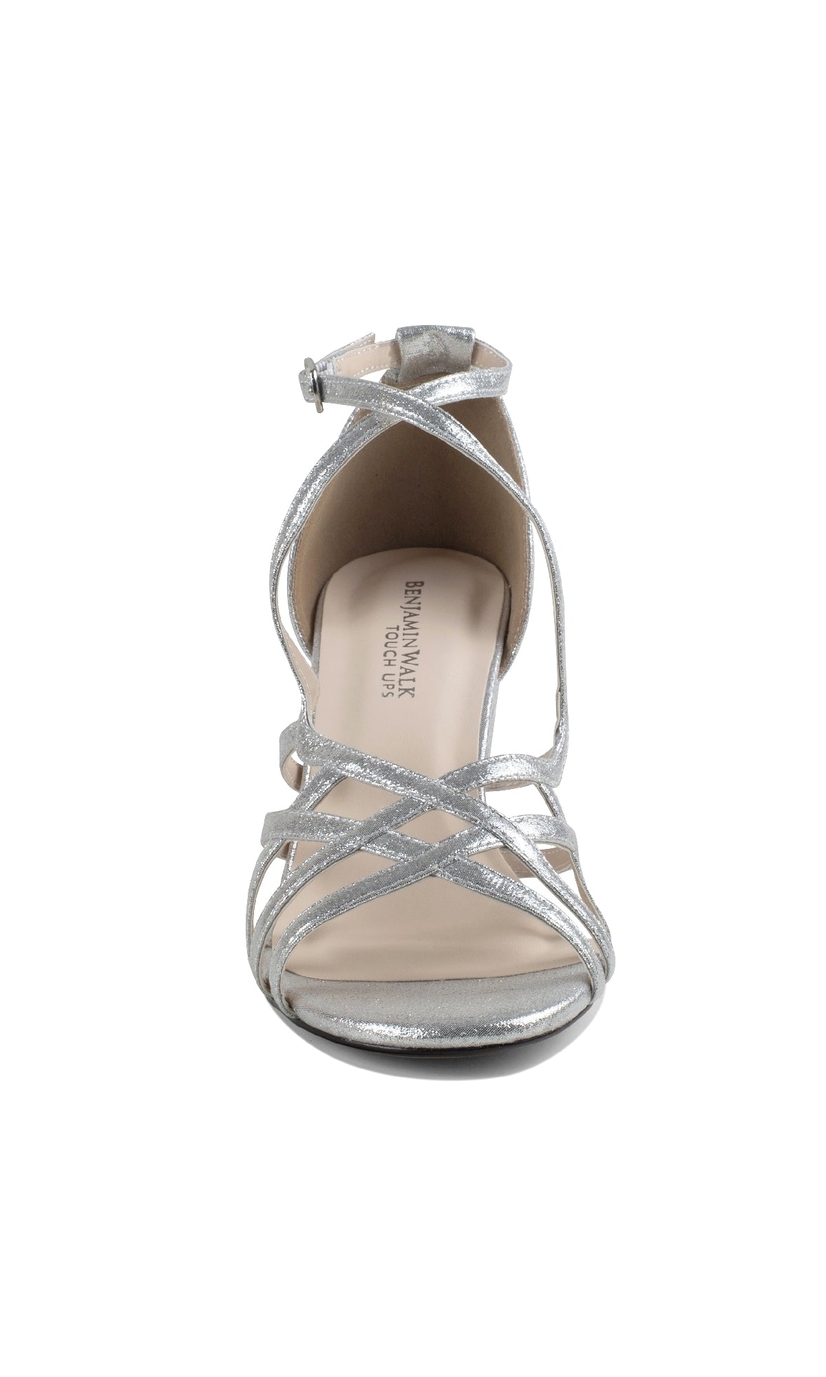 Front view of Lupe Silver Shimmer Prom Dress Shoes: Touch Ups 4621—strappy low heels with ankle strap and beige insole, perfect for any occasion.